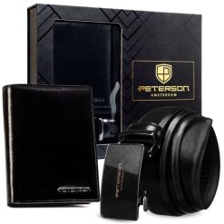 Zestaw prezentowy: skórzany portfel męski w czarnym kolorze i pasek ze skóry naturalnej - Peterson. Czarne paski damskie bez wzorów, ze skóry. Za 119.99 zł.