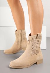 Ciemnobeżowe Botki w Stylu Kowbojek z Ażurowymi Wycięciami Efadriana. Brązowe botki damskie Born2be, bez obcasa, na płaskiej podeszwie, bez zapięcia. Za 119.99 zł.