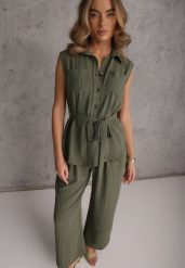 Ciemnozielony Komplet z Wiskozy Spodnie Wide Leg i Koszula Bez Rękawów z Paskiem Adduin. Zielone spodnie materiałowe dla dziewczynek Renee, na lato, bez wzorów, z tkaniny. Za 139.99 zł.