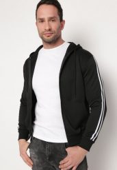Czarna Bluza z Kapturem i Kieszeniami Ozdobiona Lampasami na Ramionach Alobokira. Czarne bluzy męskie Born2be, m, z aplikacjami, z jeansu, z kapturem. Za 39.99 zł.
