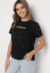 Czarny T-shirt z Bawełny z Cyrkoniami i Napisem Nalanielle. Czarne bluzki damskie Born2be, m, bez wzorów, z bawełny, eleganckie, bez kołnierzyka. Za 34.99 zł.