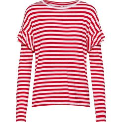 Koszulka w kolorze biało-czerwonym. T-shirty damskie marki About You, w paski, z materiału, z okrągłym kołnierzem, z długim rękawem. W wyprzedaży za 56.95 zł.