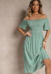 Zielona Bawełniana Sukienka Hiszpanka o Rozkloszowanym Kroju w Kwiaty Sadique. Zielone sukienki damskie Renee, na co dzień, na lato, l, bez wzorów, z bawełny, eleganckie, bez kołnierzyka, bez ramiączek, midi, rozkloszowane. Za 39.99 zł.