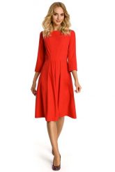 Czerwona Sukienka z Dołem w Kontrafałdy. Czerwone sukienki damskie MOE, l, bez wzorów, z elastanu, wizytowe, bez kołnierzyka, bez ramiączek. Za 249.90 zł.