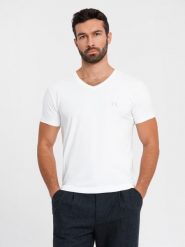 Męski t-shirt V-neck SLIM FIT z elastanem i printem biały V2 OM-TSBC-0221 S. Białe t-shirty męskie Ombre, m, bez wzorów, z elastanu, bez kołnierzyka. Za 226.92 zł.