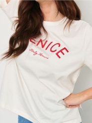 Koszulka z nadrukiem - kremowy. Białe t-shirty damskie Sinsay, l, bez wzorów, bez kołnierzyka. Za 29.99 zł.