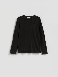 Sweter z nadrukiem - czarny. Czarne swetry przez głowę męskie Reserved, l, bez wzorów, z bawełny, bez kołnierzyka. Za 119.99 zł.