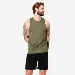 Koszulka fitness męska Domyos krótki rękaw. Brązowe buty sportowe męskie DOMYOS, z materiału, bez zapięcia, na fitness i siłownię. Za 39.99 zł.