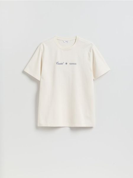 Strukturalny t-shirt regular fit - złamana biel. T-shirty męskie Reserved, l, bez wzorów, z bawełny, bez kołnierzyka. Za 79.99 zł.