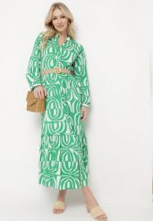 Zielona Sukienka Długa Rozkloszowana w Geometryczny Print o Koszulowym Kroju Verdana. Zielone sukienki damskie Born2be, m, bez wzorów, z materiału, bez kołnierzyka, bez ramiączek, maxi, koszulowe. Za 119.99 zł.