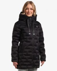 Damski płaszcz zimowy Kilpi BELIZE-W. Czarne płaszcze damskie Kilpi, na zimę, bez wzorów, z materiału, eleganckie, długie, z kapturem. Za 523.50 zł.