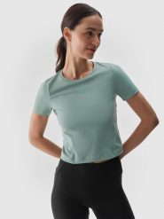 4F Koszulka do jogi i pilatesu slim szybkoschnąca damska - turkusowa XL. Niebieskie koszulki sportowe damskie 4f, xl, bez wzorów, z dzianiny, bez kołnierzyka, bez ramiączek, na fitness i siłownię. W wyprzedaży za 39.99 zł.