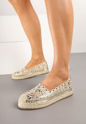 Złote Ażurowe Espadryle na Płaskiej Podeszwie Elearuna. Żółte espadryle damskie Born2be, w ażurowe wzory, z jeansu, eleganckie, bez obcasa, na płaskiej podeszwie, bez zapięcia. Za 84.99 zł.