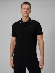 4F Koszulka polo regular męska - czarna S. Czarne koszulki polo męskie 4f, m, bez wzorów, z dzianiny, biznesowe, bez ramiączek. Za 99.99 zł.