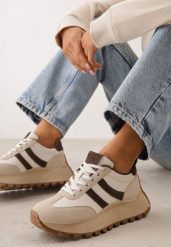 Brązowe Sneakersy na Grubej Podeszwie z Ozdobnymi Paskami Diki. Brązowe obuwie sportowe damskie Born2be, bez wzorów, z dresówki. Za 129.99 zł.