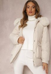Jasnobeżowa Kurtka Pudełkowa z Odpinanym Futerkiem Bastebius. Brązowe kurtki damskie Renee, l, z aplikacjami, z jeansu. Za 269.99 zł.