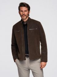Męska kurtka biker w stylu retro ze stójką – brązowa V1 - Rozmiar: XL. Brązowe kurtki męskie Ombre Clothing, m, bez wzorów, z materiału, retro, bez kaptura. W wyprzedaży za 189.99 zł.