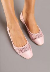 Różowe Koronkowe Balerinki Vices z Ozdobną Kokardką Desanelis. Czerwone baleriny damskie Renee, bez wzorów, z jeansu, eleganckie, bez obcasa, na obcasie. Za 49.99 zł.