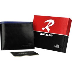 Portfel czarny z niebieską wstawką Ronaldo N01-VT BLACK-BLUE. Czarne portfele męskie RONALDO, bez wzorów, ze skóry. Za 64.99 zł.