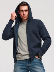 Rozpinana męska bluza dresowa BASIC – granatowa V1 - Rozmiar: XXL. Niebieskie bluzy męskie Ombre Clothing, m, z aplikacjami, z bawełny, z kapturem. W wyprzedaży za 167.99 zł.