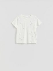 T‑shirt z koronkową aplikacją - złamana biel. T-shirty damskie Reserved, l, z aplikacjami, z bawełny, bez kołnierzyka. Za 79.99 zł.