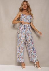 Niebieski Wiskozowy Komplet Boho Krótki Top na Ramiączkach Długie Spodnie z Nogawkami Palazzo Miteri. Niebieskie spodnie materiałowe damskie Renee, m, bez wzorów, z wiskozy. Za 59.99 zł.