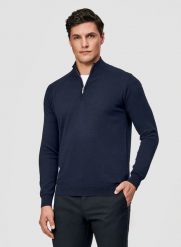 PAKO LORENTE – Granatowy sweter męski ze stójką. Niebieskie swetry przez głowę męskie Pako Lorente, m, bez wzorów, z bawełny, bez kołnierzyka. Za 249.99 zł.