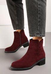 Bordowe Ocieplane Casualowe Botki Reaniwen. Czerwone botki damskie Renee, z jeansu, eleganckie, z okrągłym noskiem, bez obcasa, na obcasie, bez zapięcia. Za 119.99 zł.