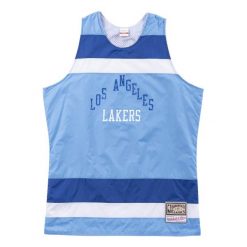Jersey Los Angeles Lakers striped. Niebieskie koszulki sportowe męskie Mitchell & Ness, bez wzorów, z jersey, bez kołnierzyka, bez ramiączek, do koszykówki. Za 377.50 zł.