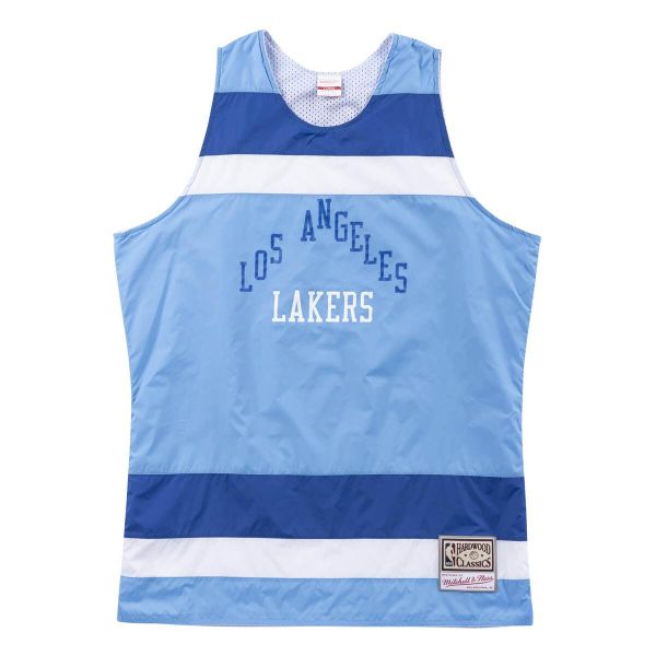 Jersey Los Angeles Lakers striped. Niebieskie koszulki sportowe męskie Mitchell & Ness, bez wzorów, z jersey, bez kołnierzyka, bez ramiączek, do koszykówki. Za 375.00 zł.