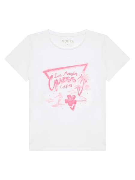Guess T-Shirt J5GI30 K6YW4 Biały Regular Fit. Białe t-shirty i topy dla dziewczynek Guess, z aplikacjami, z bawełny, bez ramiączek. Za 49.99 zł.