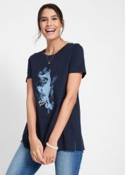 T-shirt bawełniany z nadrukiem z motywem konika morskiego. Niebieskie t-shirty damskie bonprix, bez wzorów, z bawełny, bez kołnierzyka. Za 62.99 zł.