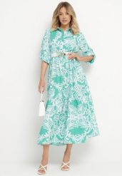 Zielona Długa Sukienka Rozkloszowana w Ornamentalny Wzór z Falbanką Ariantise. Zielone sukienki damskie Born2be, na co dzień, na lato, m, bez wzorów, eleganckie, bez kołnierzyka, bez ramiączek, maxi, rozkloszowane. Za 49.99 zł.
