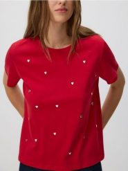 T-shirt z aplikacjami - czerwony. Czerwone t-shirty damskie Reserved, l, z aplikacjami, z bawełny, bez kołnierzyka. W wyprzedaży za 35.99 zł.
