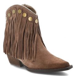 Brązowe Kowbojki Artiker Eleganckie Buty Damskie Z Frędzlami. Brązowe kozaki damskie Artiker, z jeansu, ze szpiczastym noskiem, bez obcasa, na obcasie. Za 280.99 zł.