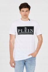 PHILIPP PLEIN T-shirt męski biały z dużym logo, Rozmiar L. Białe t-shirty męskie Philipp Plein, l, bez wzorów, bez kołnierzyka. W wyprzedaży za 760.99 zł.