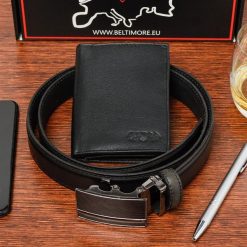 Zestaw męski skórzany portfel pasek duży Beltimore U86. Czarne paski damskie bez wzorów. Za 124.90 zł.