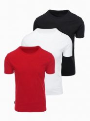 Zestaw bawełnianych t-shirtów męskich BASIC z okrągłym dekoltem – czarny/biały/dark red V6 - Rozmiar: M. Białe t-shirty męskie Ombre Clothing, m, bez wzorów, z bawełny, biznesowe, bez kołnierzyka. Za 169.99 zł.