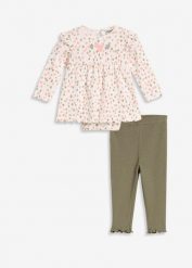 Sukienka z body i legginsy z bawełny organicznej (komplet 2-cz.). Białe sukienki niemowlęce bonprix, bez wzorów, z bawełny, bez ramiączek. Za 97.99 zł.