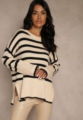 Kremowo-Czarny Sweter Oversize w Paski Kalitusa. Czarne swetry damskie Renee, bez wzorów, z jeansu, casualowe, bez kołnierzyka, bez ramiączek, bez kaptura. Za 64.99 zł.