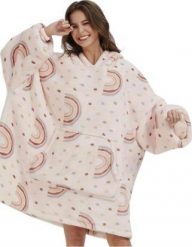 Bluza pluszowa z kapturem różowa koc oversize ciepła wzór tęcza. Czerwone kocyki dla dzieci Pan i Pani Gadżet. Za 149.78 zł.