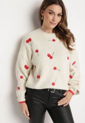 Jasnobeżowy Sweter z Domieszką Wełny z Motywem Wisienek Sintovia. Brązowe swetry damskie Born2be, l, bez wzorów, z wełny, bez kołnierzyka, bez ramiączek, bez kaptura. Za 149.99 zł.