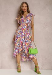 Fuksjowa Sukienka Penthite. Czerwone sukienki damskie Renee, na imprezę, na lato, l, bez wzorów, z materiału, eleganckie, z asymetrycznym kołnierzem, bez ramiączek, midi, asymetryczne. Za 119.99 zł.