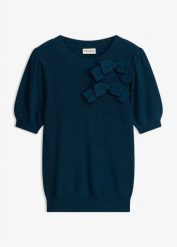 Sweter z aplikacją w kształcie kokardy. Czerwone swetry damskie bonprix, z aplikacjami, bez kołnierzyka, bez ramiączek, bez kaptura. Za 97.99 zł.
