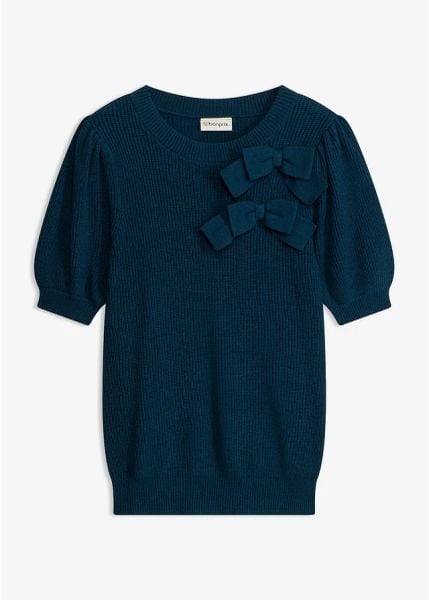 Sweter z aplikacją w kształcie kokardy. Niebieskie swetry damskie bonprix, z aplikacjami, bez kołnierzyka, bez ramiączek, bez kaptura. Za 109.99 zł.