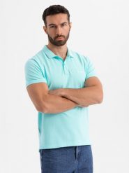 Polo koszulka z bawełnianej dzianiny pique błękitna V2 OM-POSS-0103 XL. Niebieskie koszulki polo męskie Ombre, m, bez wzorów, z bawełny, bez ramiączek. Za 257.18 zł.
