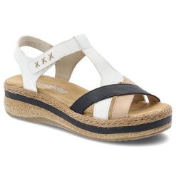 Sandały damskie Rieker, cholewka ze skóry ekologicznej paski krzyżujące się koturnowa podeszwa z plecionym akcentem, białe, V0919-81. Białe paski damskie Rieker, bez wzorów, ze skóry ekologicznej. Za 339.00 zł.