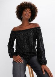 Shirt oversized z dekoltem carmen i cekinami. Czarne bluzki damskie bonprix, bez wzorów, eleganckie, bez kołnierzyka, bez ramiączek. Za 147.99 zł.