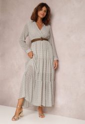 Biała Sukienka Z Paskiem Agareope. Białe sukienki damskie Renee, l, bez wzorów, z tkaniny, bez kołnierzyka, bez ramiączek, maxi, kopertowe. Za 119.99 zł.