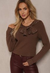Ciemnobrązowy Sweter z Prążkowanej Dzianiny z Wiskozą Ozdobiony Cyrkoniami i Wiązaniem Tintorinae. Brązowe swetry damskie Renee, s, bez wzorów, z dzianiny, casualowe, bez kołnierzyka, bez ramiączek, długie, bez kaptura. Za 79.99 zł.